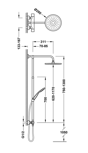 Esquema de cotas conjunto de grifo termostático negro